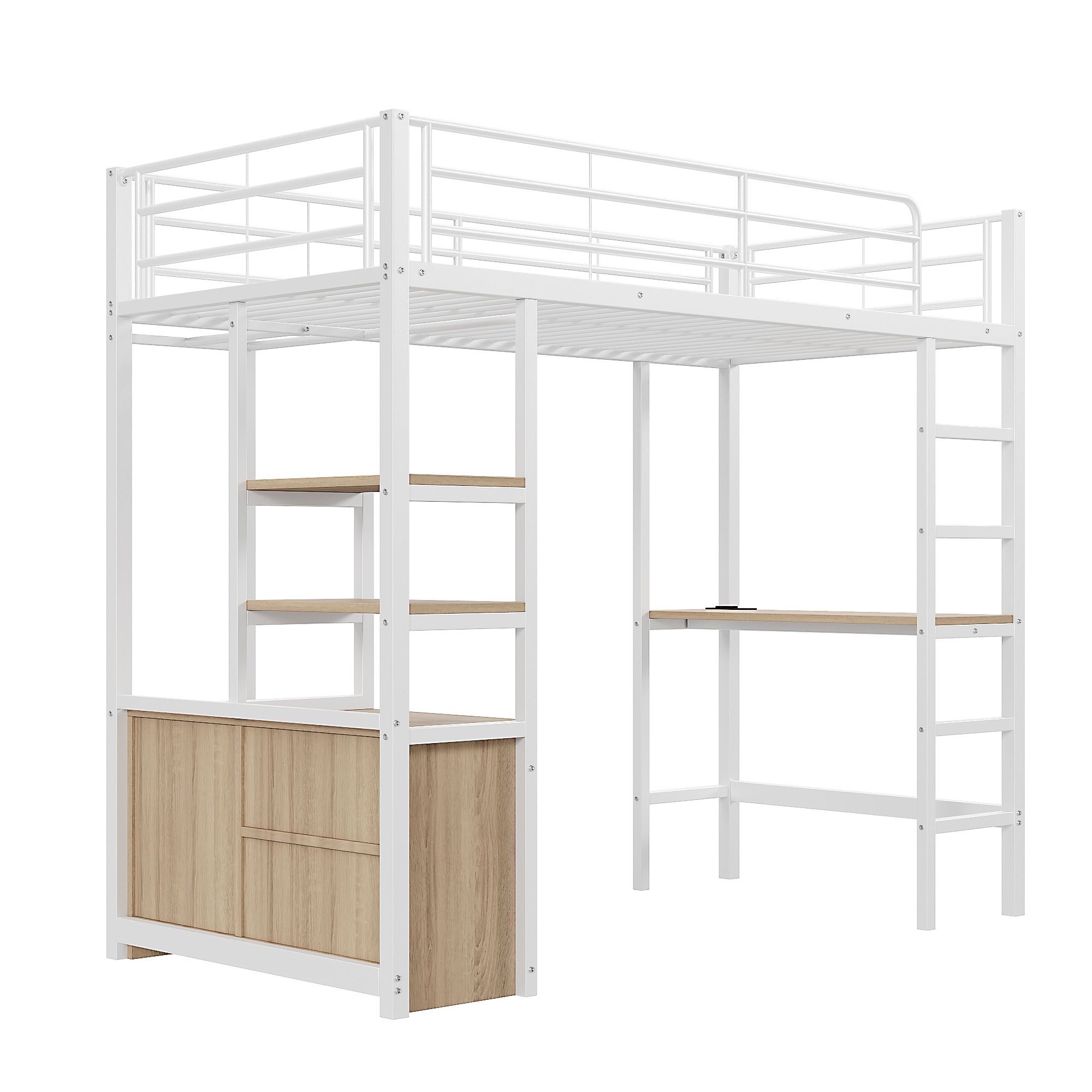 Højseng 90x200cm med skrivebord, stikkontakt, USB-porte, hylder, åbent opbevaringsskab, hvid, uden madras