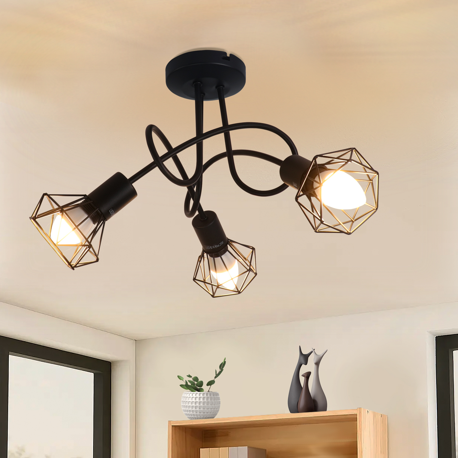 NETTLIFE LED loftspotlight, 3 pærer, sort, vintage-stil, justerbar, 350°, til industriel brug, E14