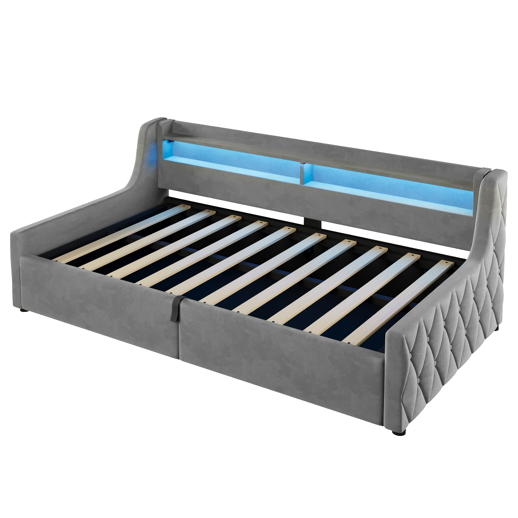 seng 90x200 cm graa i stof med hydraulisk opbevaring og LED-belysning