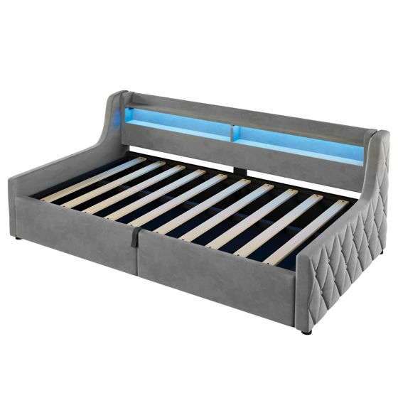 seng 90x200 cm graa i stof med hydraulisk opbevaring og LED-belysning