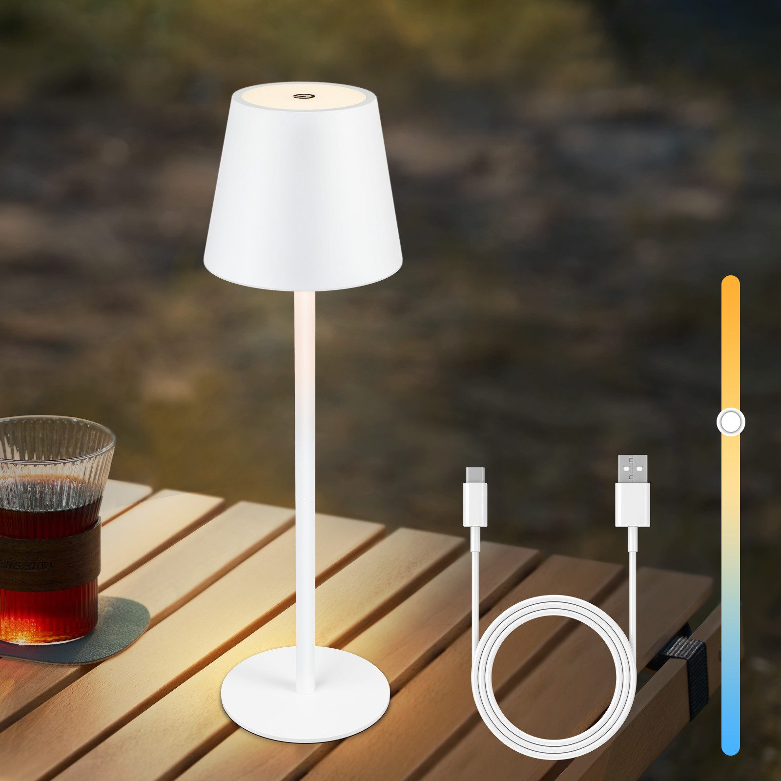 Nettlife trådløs sengebordslampe, 2600m Ah LED, genopladelig udendørs bordlampe, touch, hvid, med USB-stik