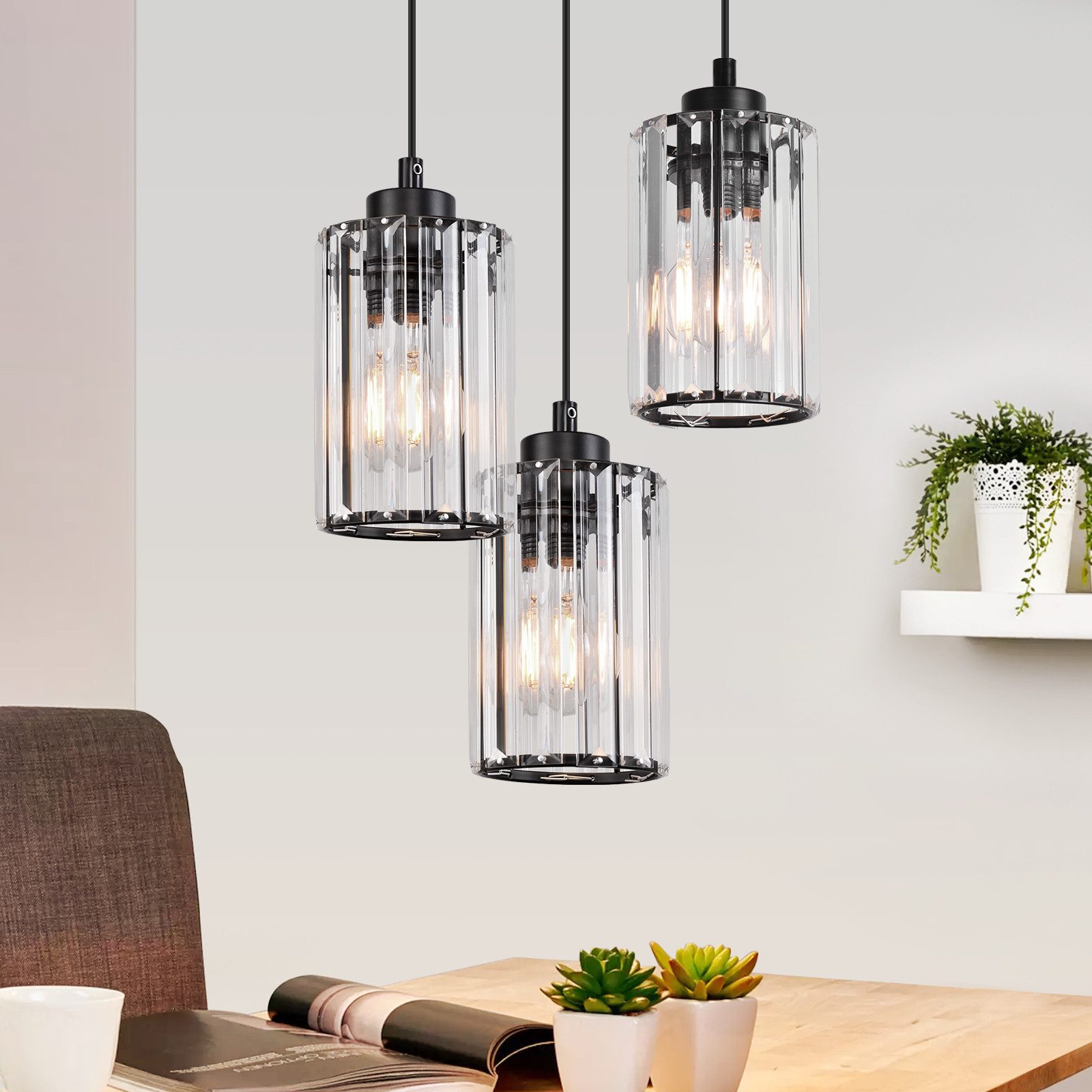 NETTLIFE moderne sort krystal pendellampe til spisebord, 3 flammer, E27