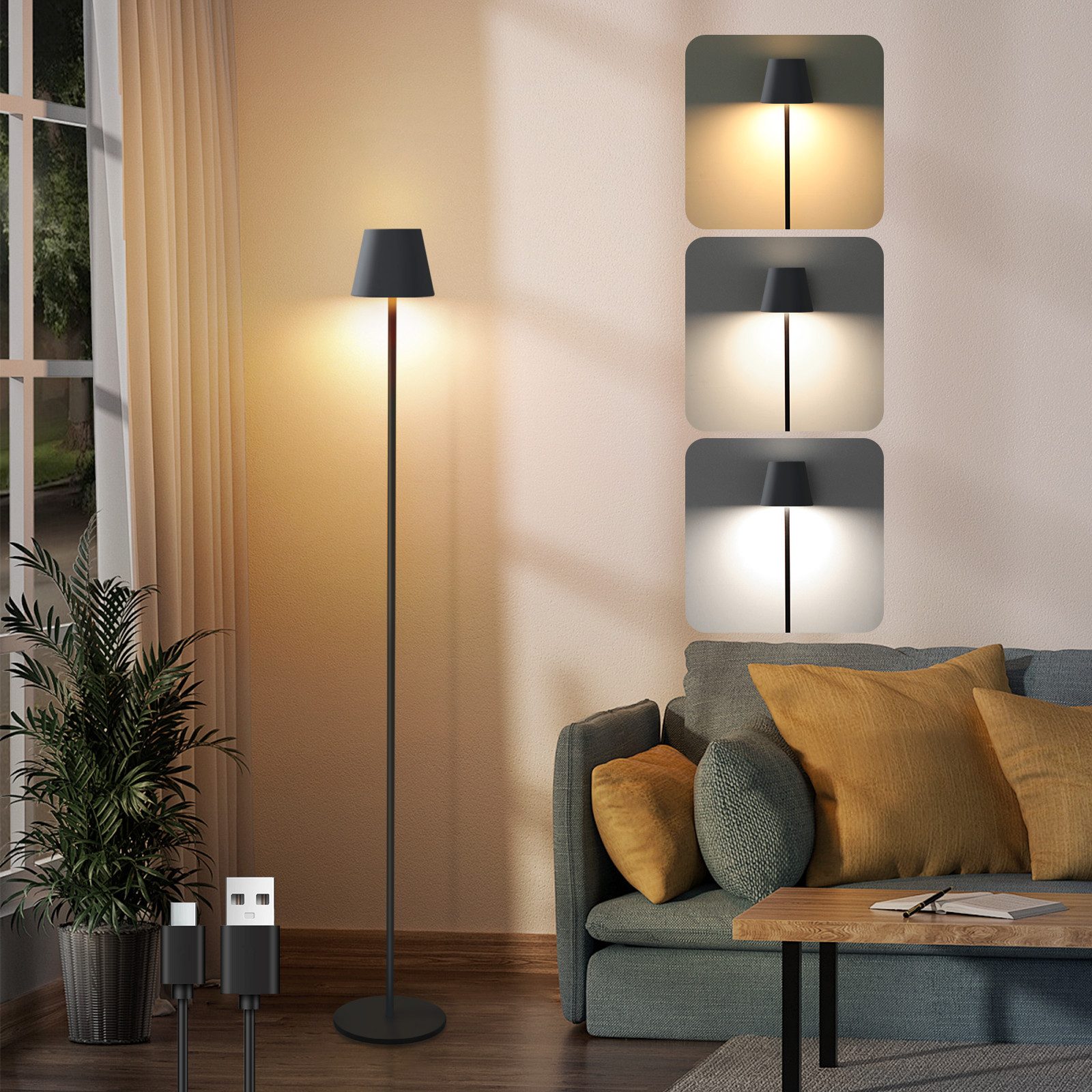 NETTLIFE LED gulvlampe sort moderne dæmpbar 125 cm 3 farvetemperaturer USB til stuen