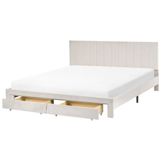 Seng med skuffer til opbevaring LONZAC Velour Cremehvid 180 x 200 cm