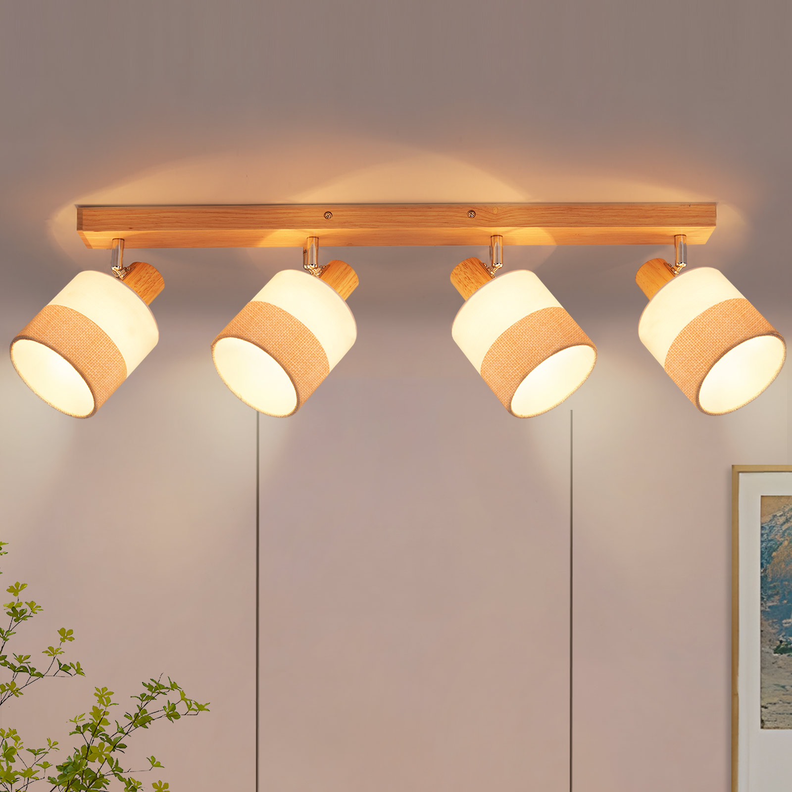 NETTLIFE 4-flammende loftspot i træ - vintage E14 loftslampe med retro stofskærm, 350° justerbar