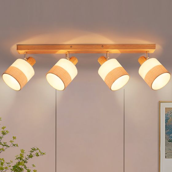 NETTLIFE 4-flammende loftspot i træ - vintage E14 loftslampe med retro stofskærm, 350° justerbar