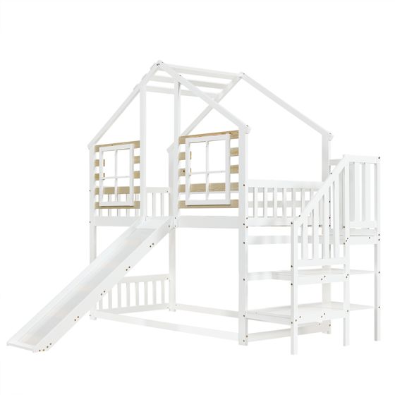 Køjeseng 90 x 200 cm, Hvid Massivt Træ, Trappe + Gelænder + Rutsjebane + Vindue + Faldbeskyttelse