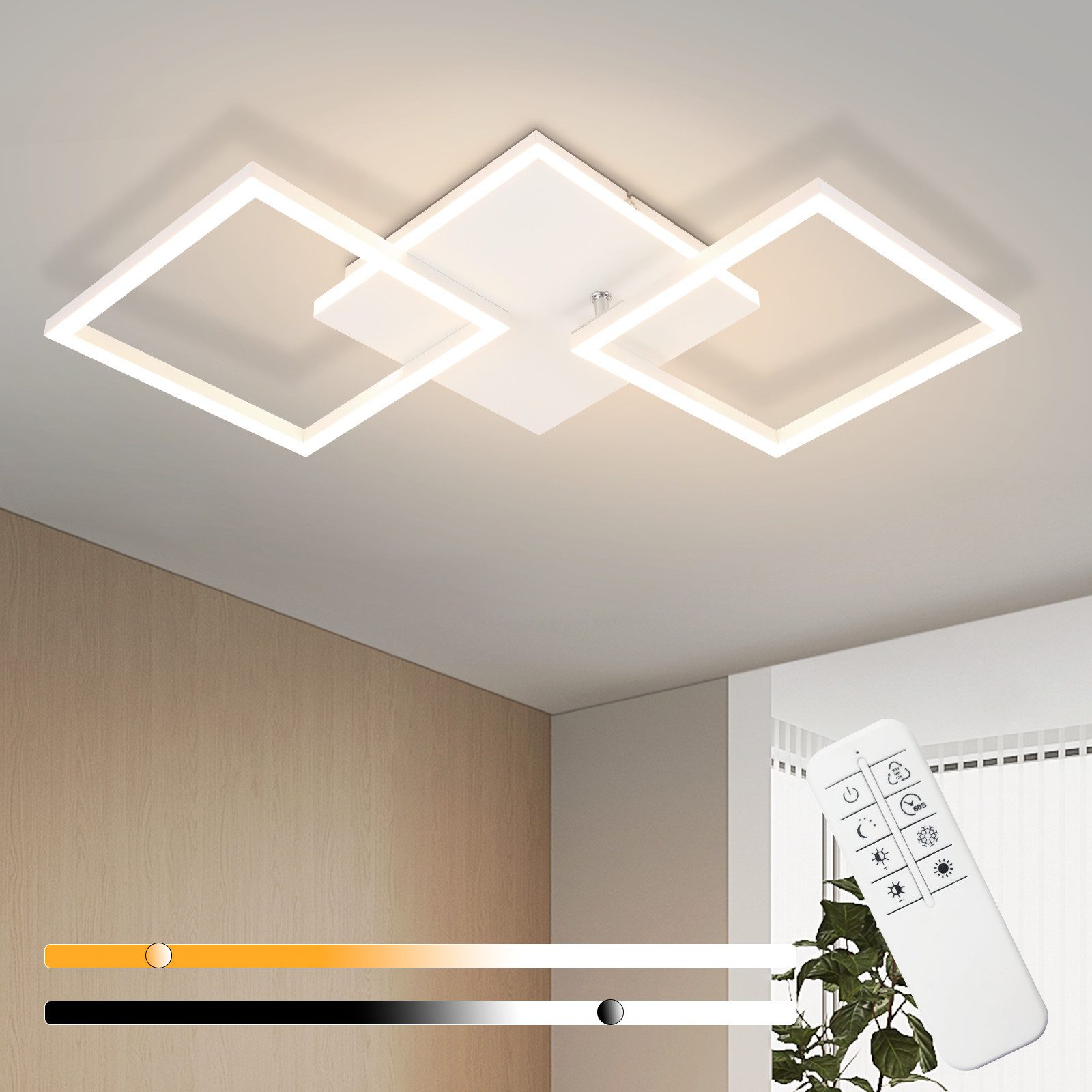 NETTLIFE LED loftlampe til stue, hvid, dæmpbar, firkantet, moderne, 32 W, med fjernbetjening