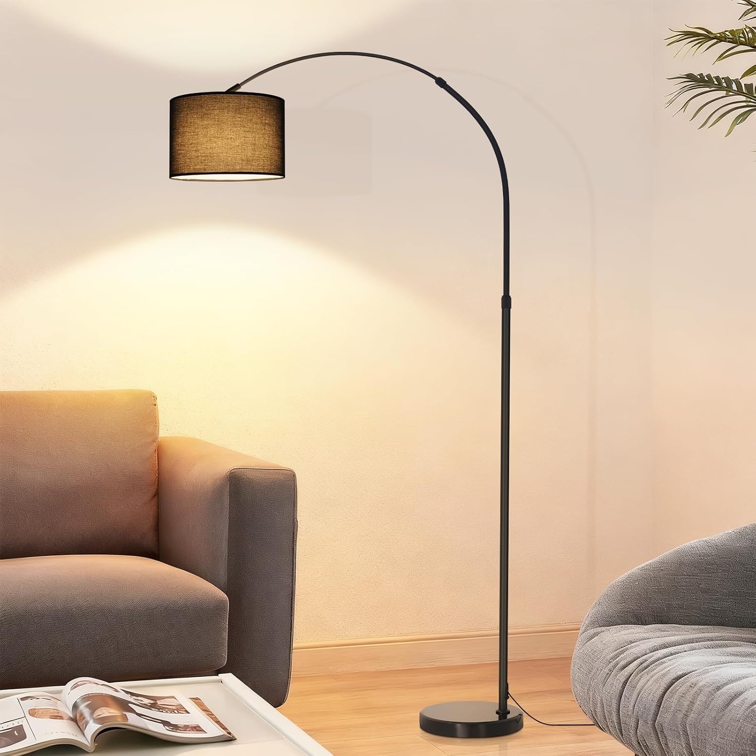 NETTLIFE Kaari gulvlampe, sort jernfod, stofskærm Ø30 cm, marmorfod Ø26 cm, højde 181 cm, uden lyskilde