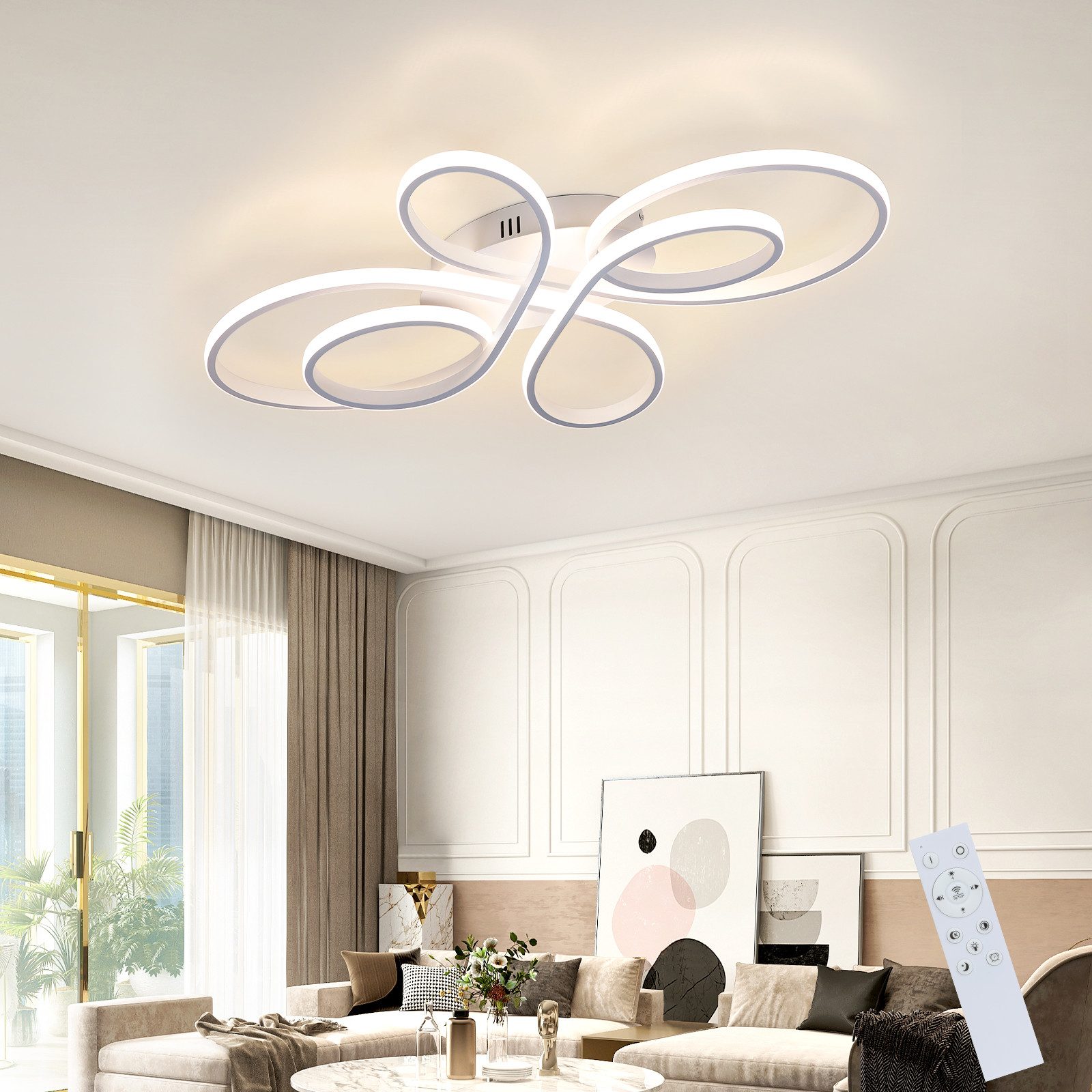NETTLIFE dæmpbar, LED loftlampe, 66 cm, moderne hvid, 65W, soveværelseslampe med fjernbetjening, stor, til stuen