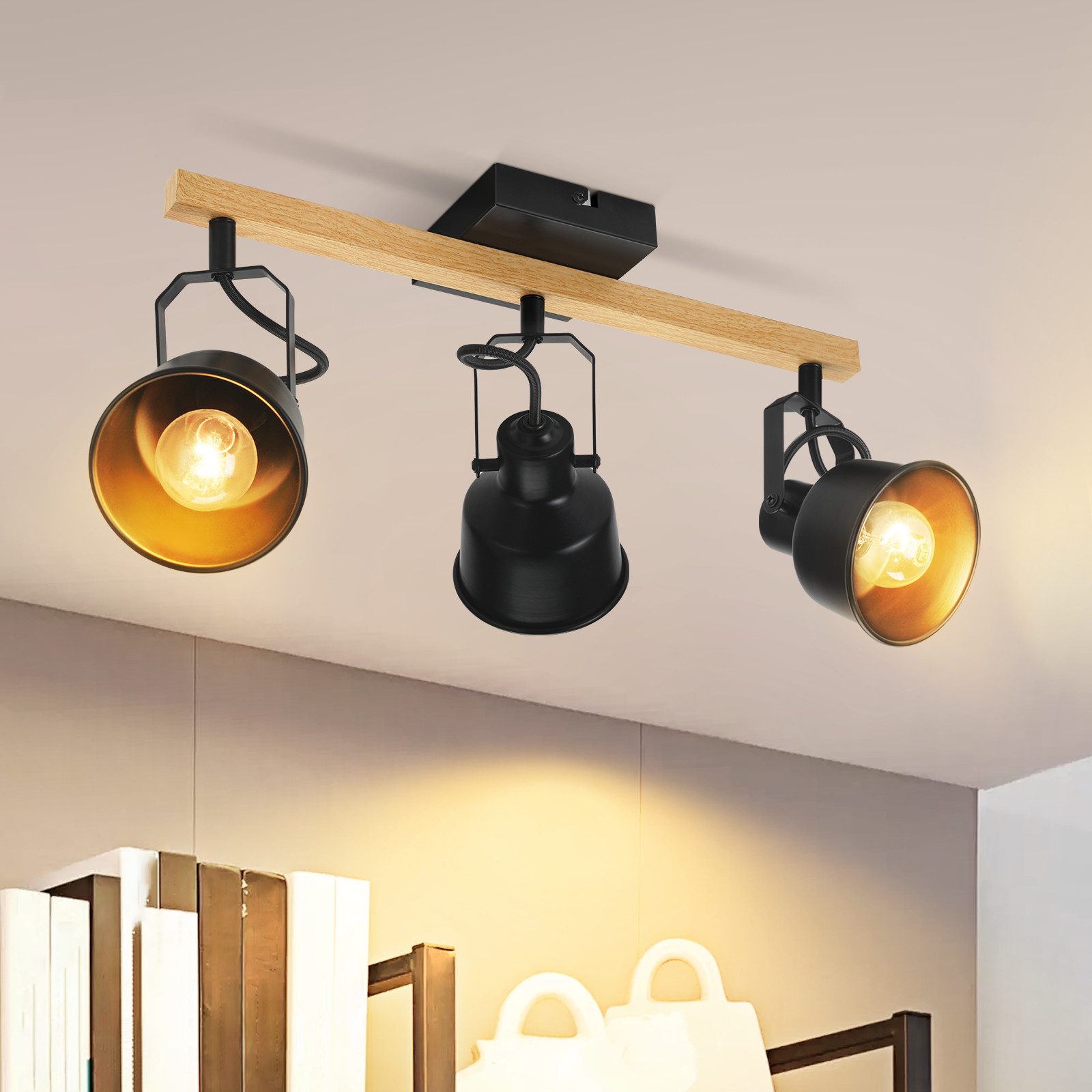 NETTLIFE 3-flammet loftspotlight, 350° justerbar, vintage E14, højkvalitetsdesign med træåremønster