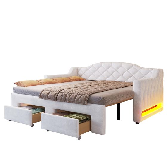 Daybed 90x200–180x200 cm med to skuffer og LED-belysning, hvid