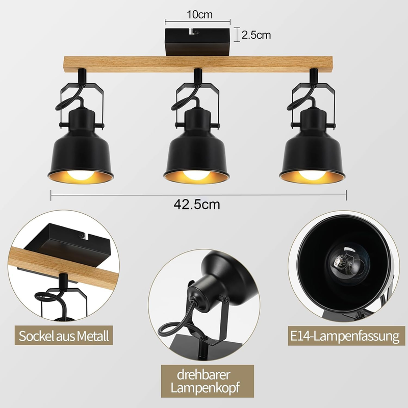 NETTLIFE 3-flammet loftspotlight, 350° justerbar, vintage E14, højkvalitetsdesign med træåremønster