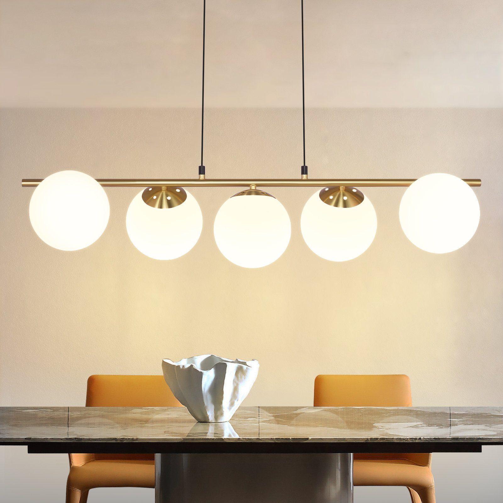 NETTLIFE guldfarvet glaspendellampe, E27, moderne spise- eller stuelampe i vintage-stil