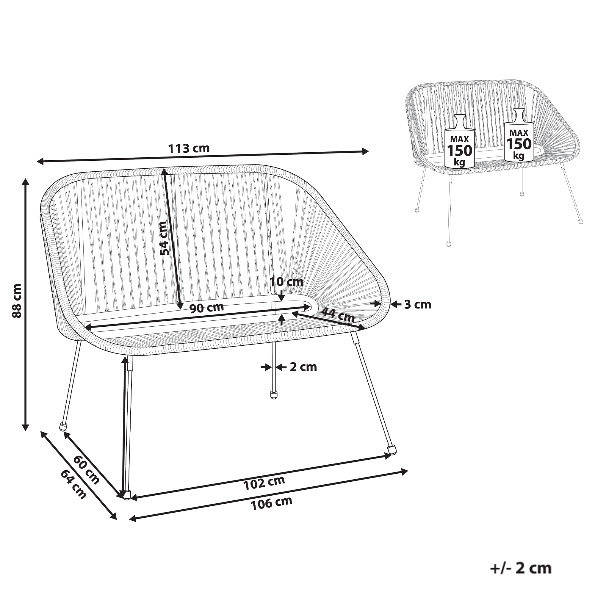 Havebænk ACAPULCO II 113 cm PE-rattan Sort