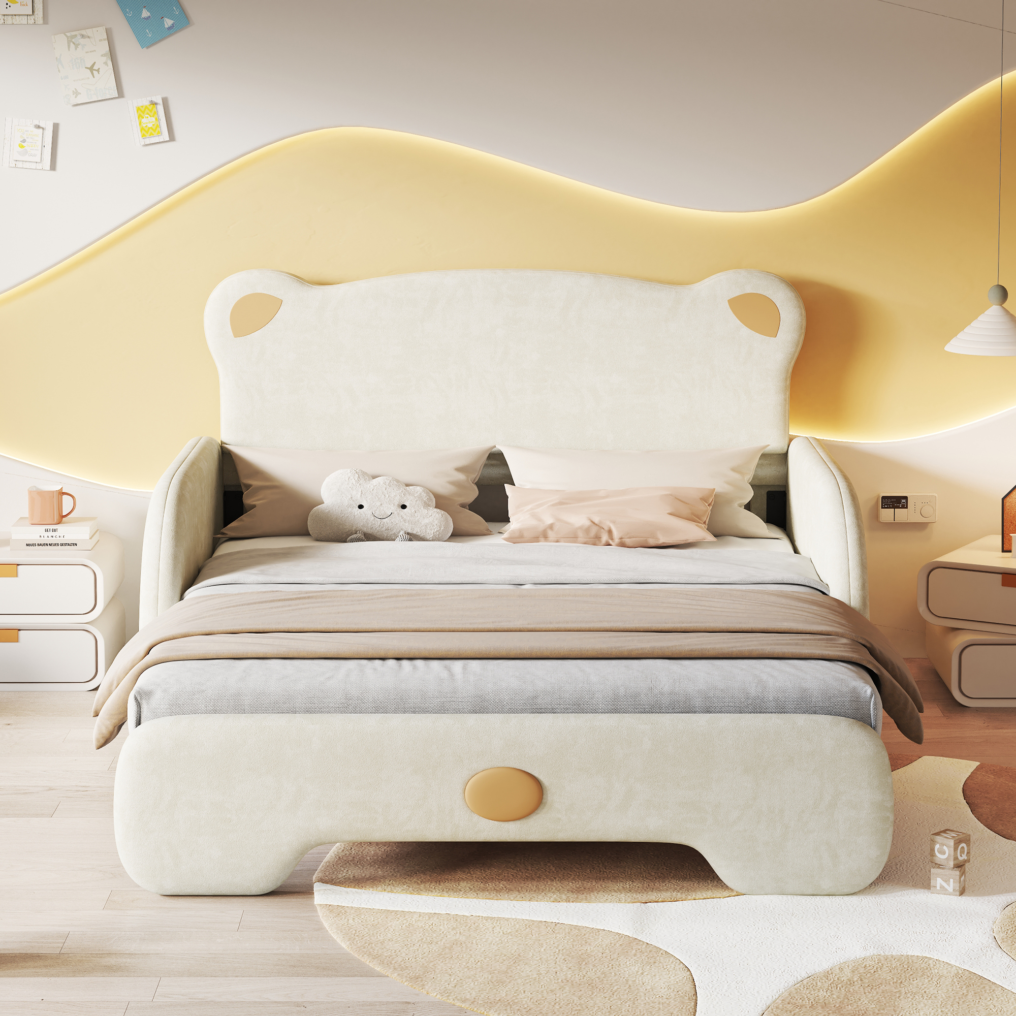 Polstret seng 140x105 cm og 140x200 cm, Bjørnformet Dobbeltseng, Børneseng, Udtrækkelig seng med Beskyttelseskant, Fløjl, Beige