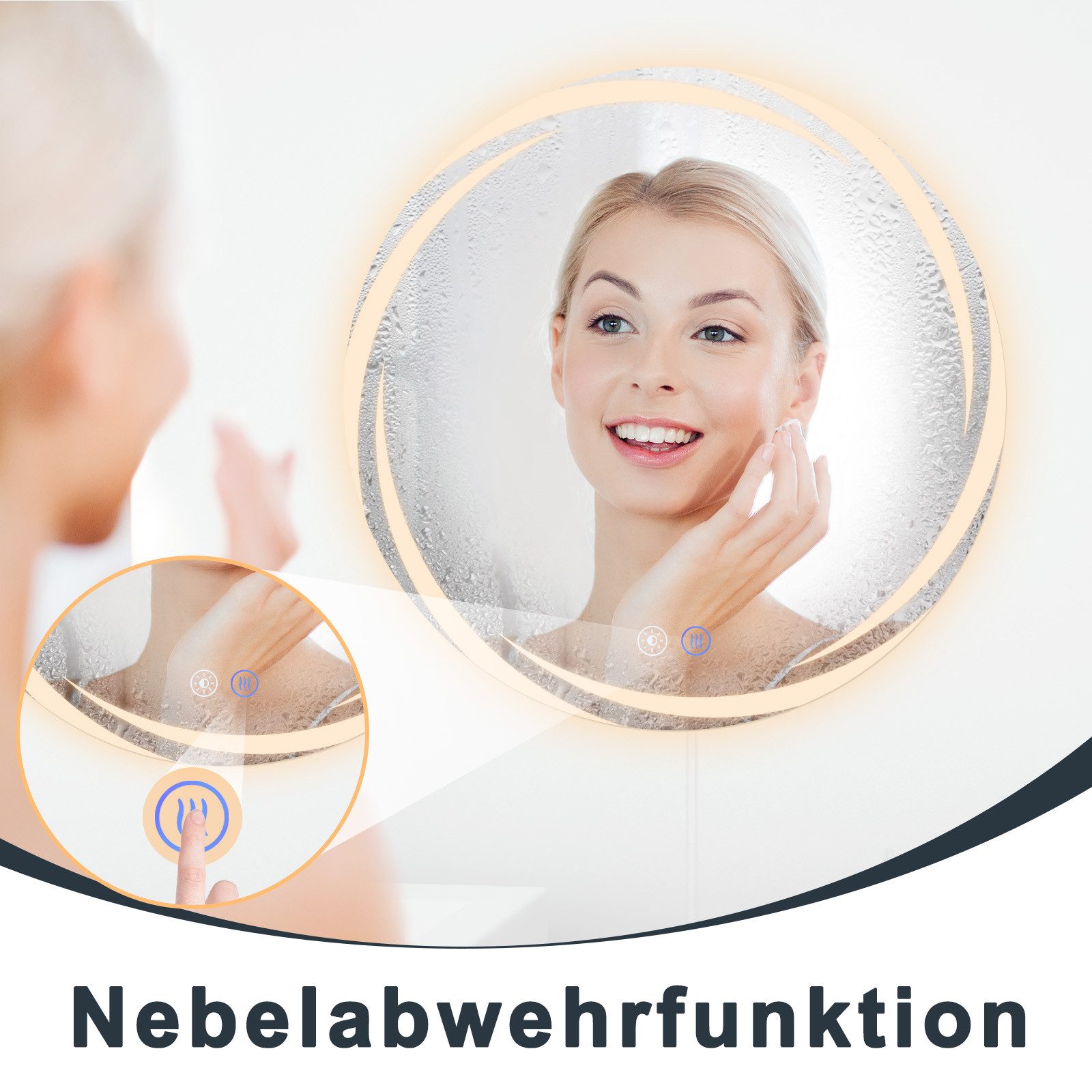 NETTLIFE Badeværelsesspejl med belysning, rundt LED - badeværelsesspejl, 60 cm IP44 rundt badeværelsesspejl med touchfunktion