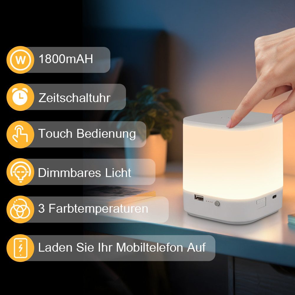 NETTLIFE 1800mAh batteridrevet LED-bordlampe, berøringsdæmpbar 3000-6500K USB, 3 farvetemperaturer og timerfunktion, natlampe