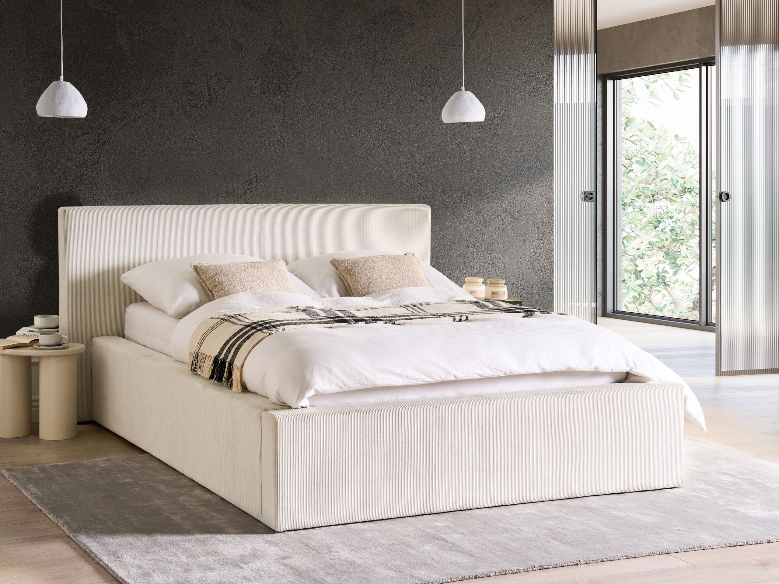 Seng med opbevaring LILLEBONNE Fløjl Lys Beige 140 x 200 cm
