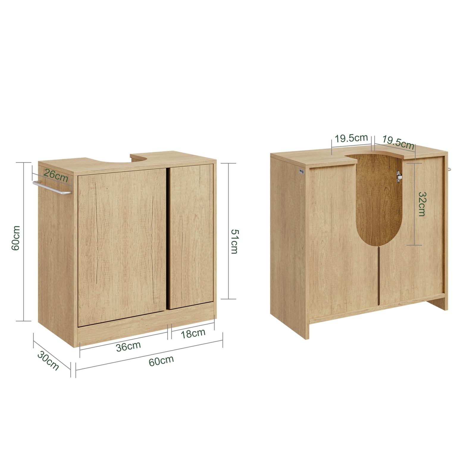 Vaskeskab med U-formet udskæring i lysegetræ 60x30x60 cm BZR235-N