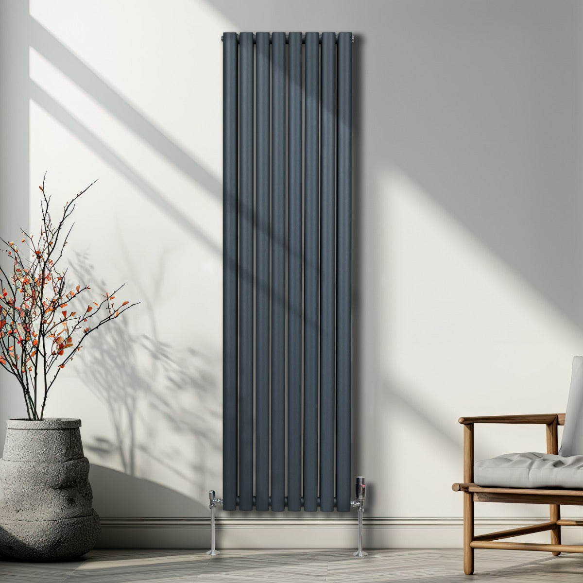 Oval søjleradiator med ventil - 1800 mm x 480 mm - Antracitgrå