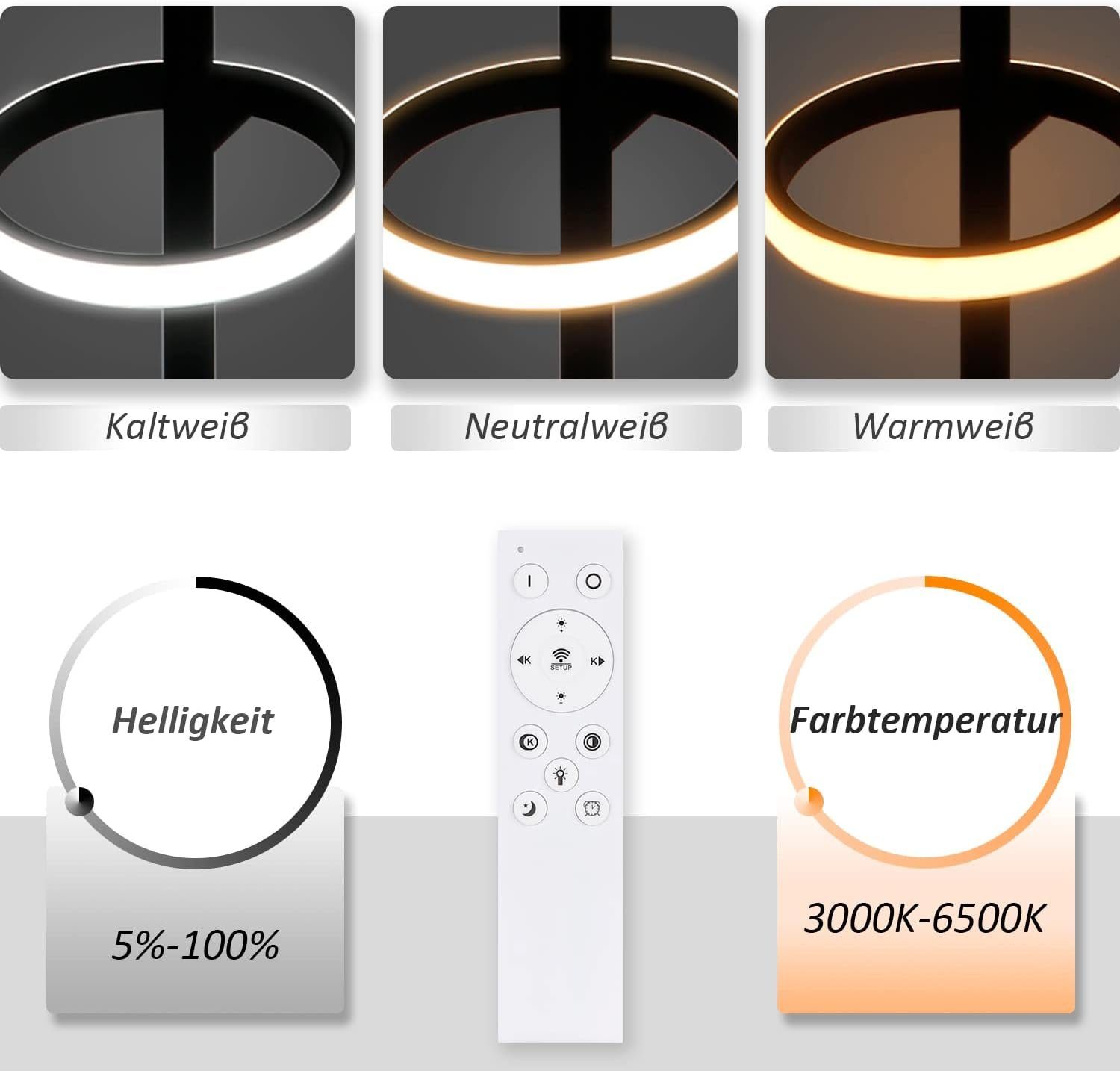 NETTLIFE moderne, LED pendellampe, sort, diameter, 106 cm, ringformet, dæmpbar. Med fjernbetjening, 42W.