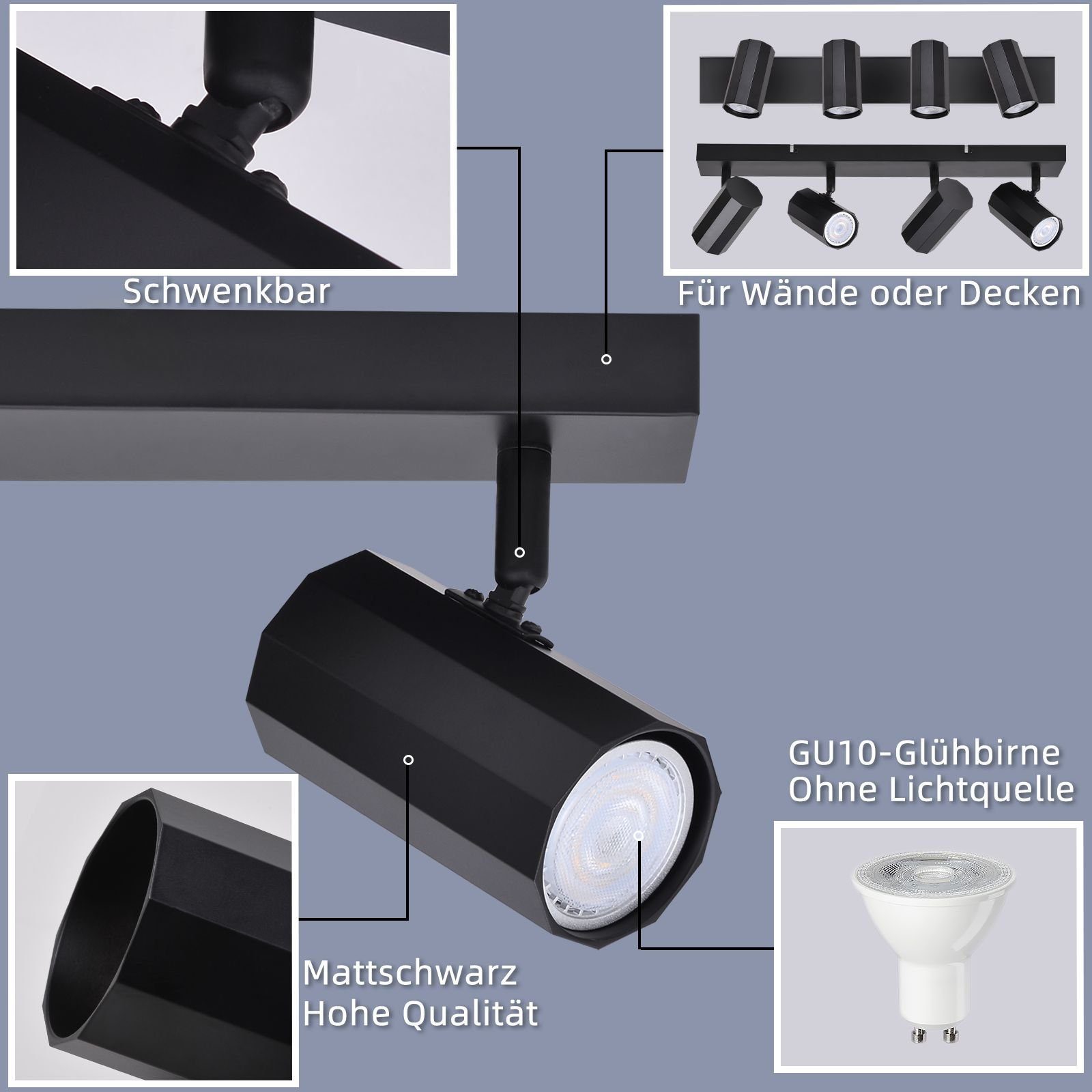 NETTLIFE 4 sorte GU10 loftspotlights, 350° drejelige, vintage - metal, MAX. 25 W, til køkken, spiseplads