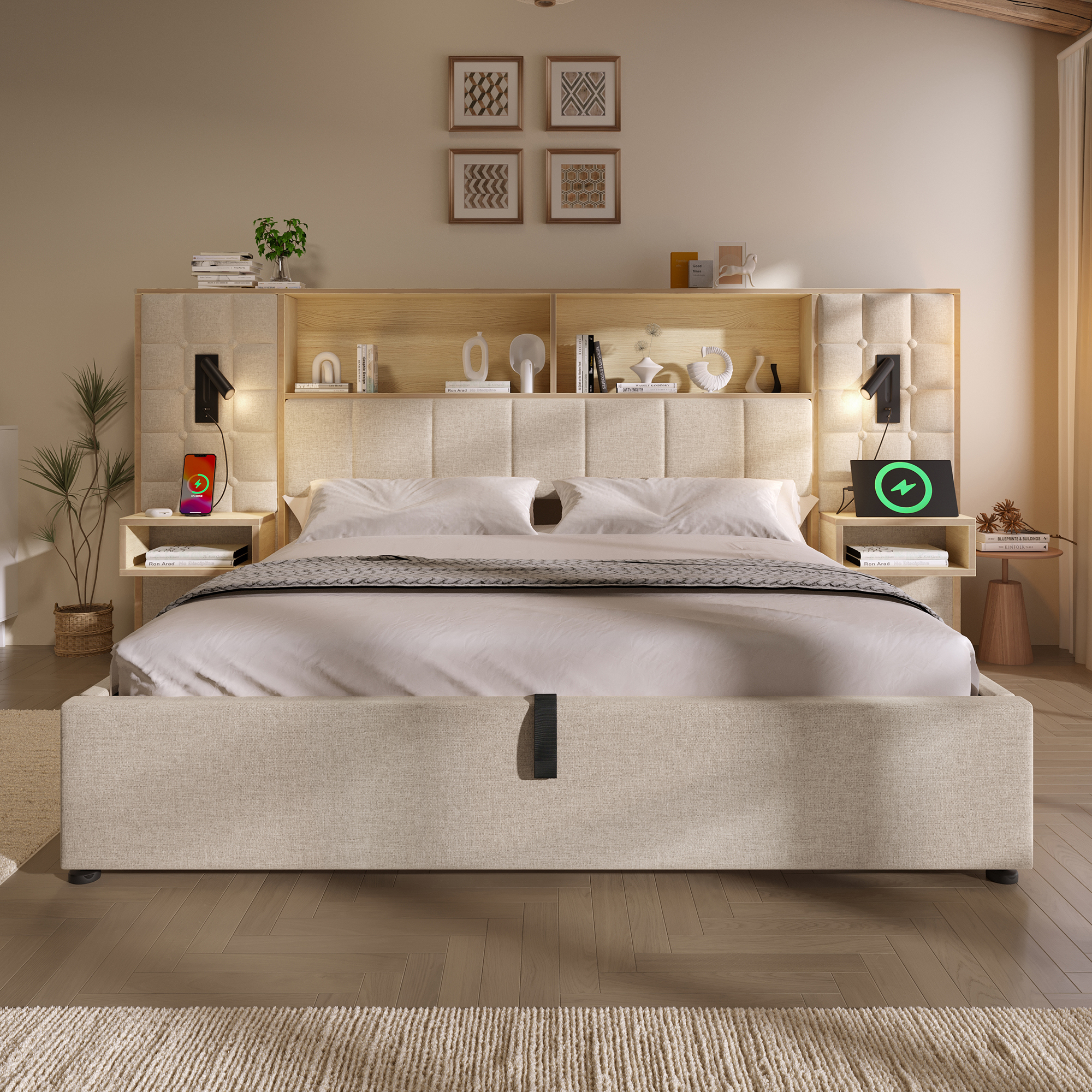 seng med opbevaring 180x200 cm beige stof justerbar LED-belysning og skuffer