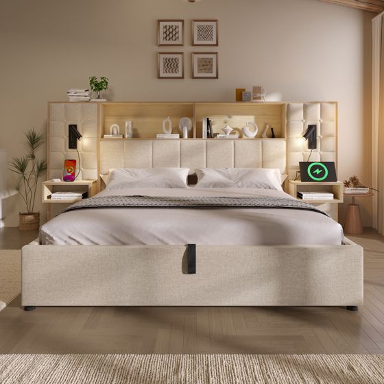 seng med opbevaring 180x200 cm beige stof justerbar LED-belysning og skuffer