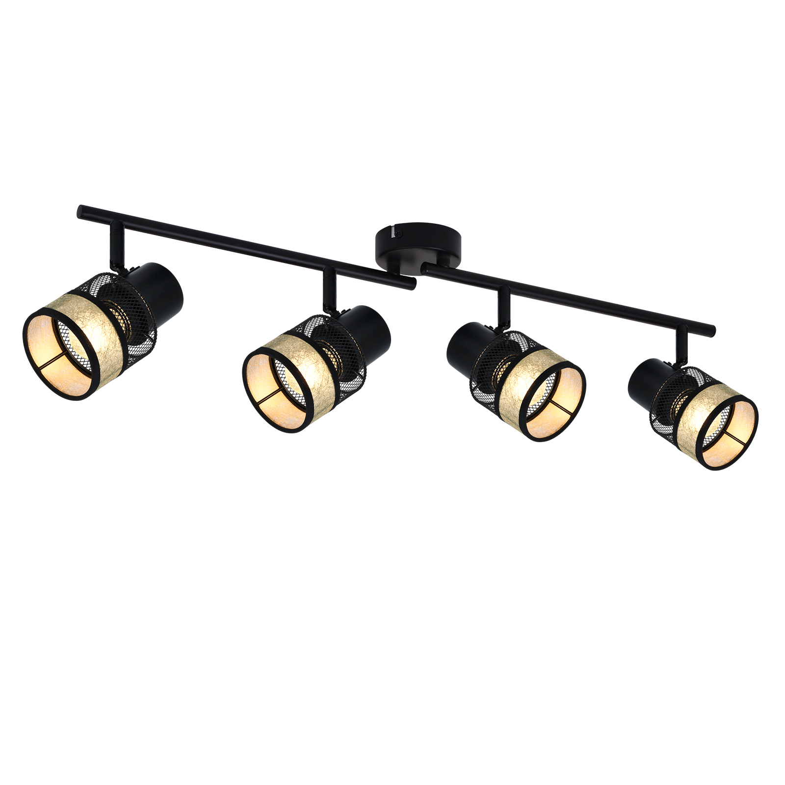 NETTLIFE - loftslampe, 4 metalspotlights, E27, maks. 25 W, vintage - sort, 330°, guldfarvet stofskærm