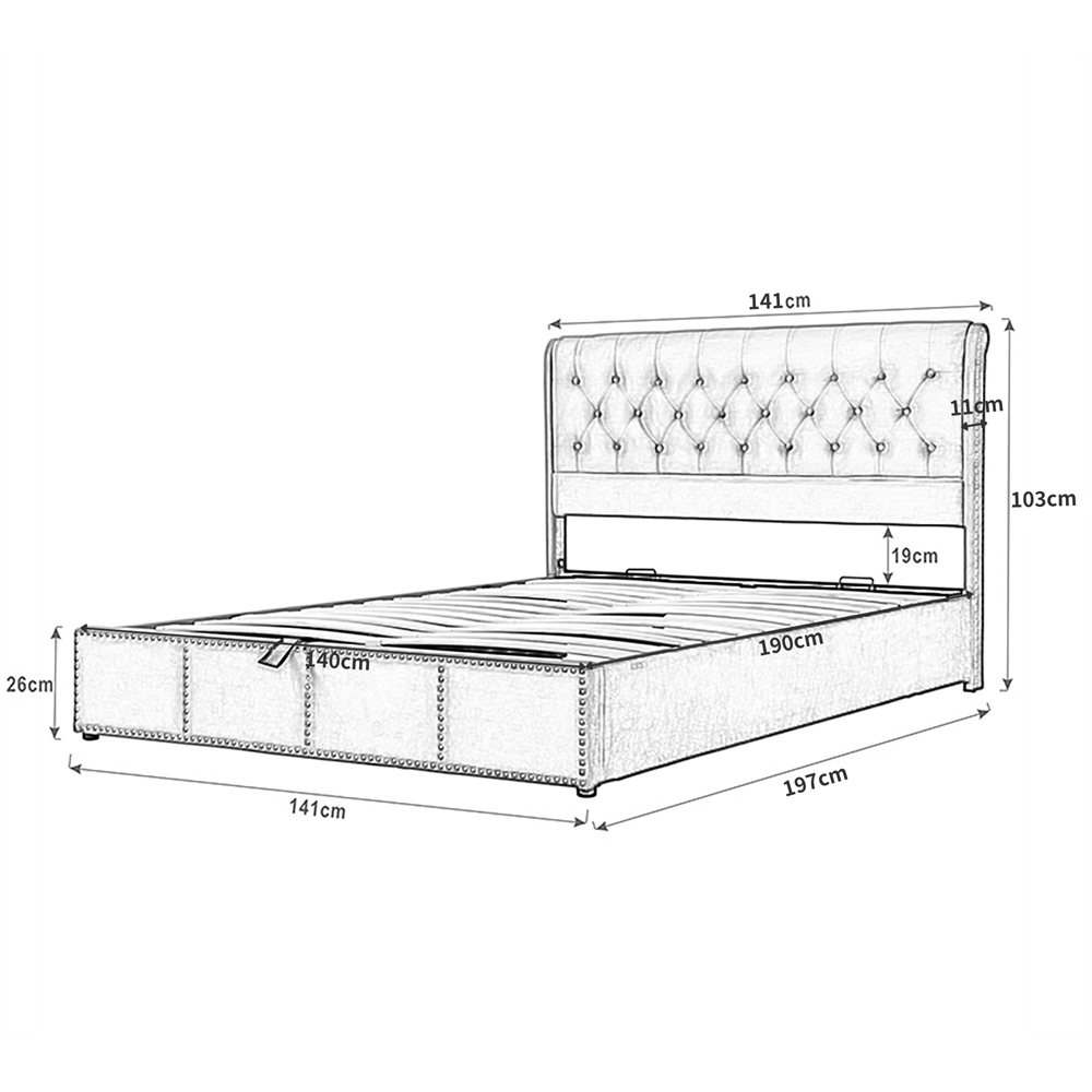 Polstret Seng 140 x 190 cm, Grå Fløjl, Hydraulisk Højdejustering + Nitter