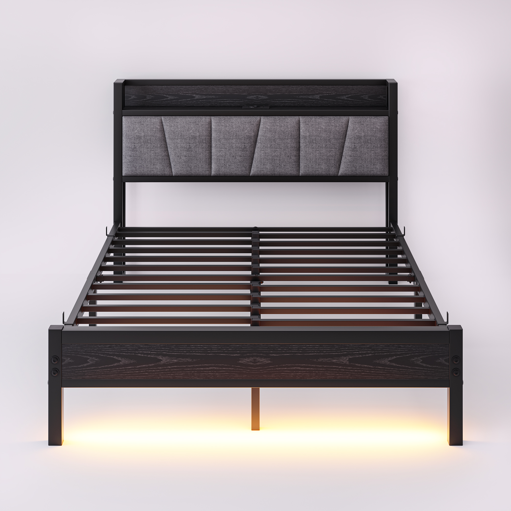 seng 140x190 cm sort mdf og metal med led-belysning skuffe og stærke metal lameller