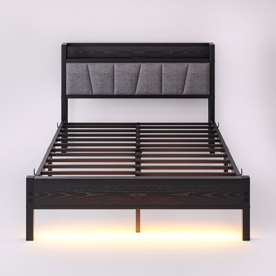 seng 140x190 cm sort mdf og metal med led-belysning skuffe og stærke metal lameller