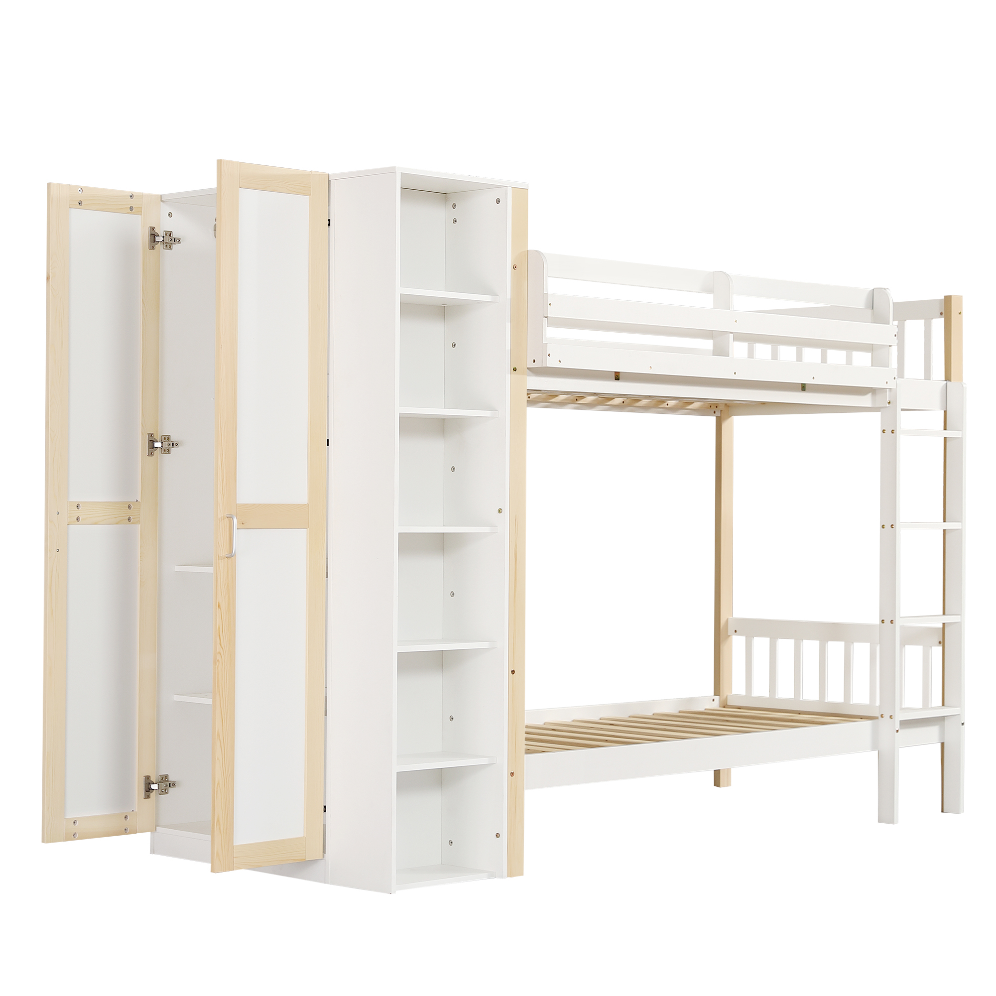 Køjeseng 90x200 cm Børneseng med Faldbeskyttelsesramme, 4-trins Stige, 6 Åbne Hylder og Garderobe