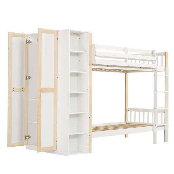 Køjeseng 90x200 cm Børneseng med Faldbeskyttelsesramme, 4-trins Stige, 6 Åbne Hylder og Garderobe