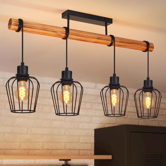 NETTLIFE Vintage loftslampe i træ og sort metal, industriel lampe 4xE27 til stue, køkken og spisestue (uden pærer)
