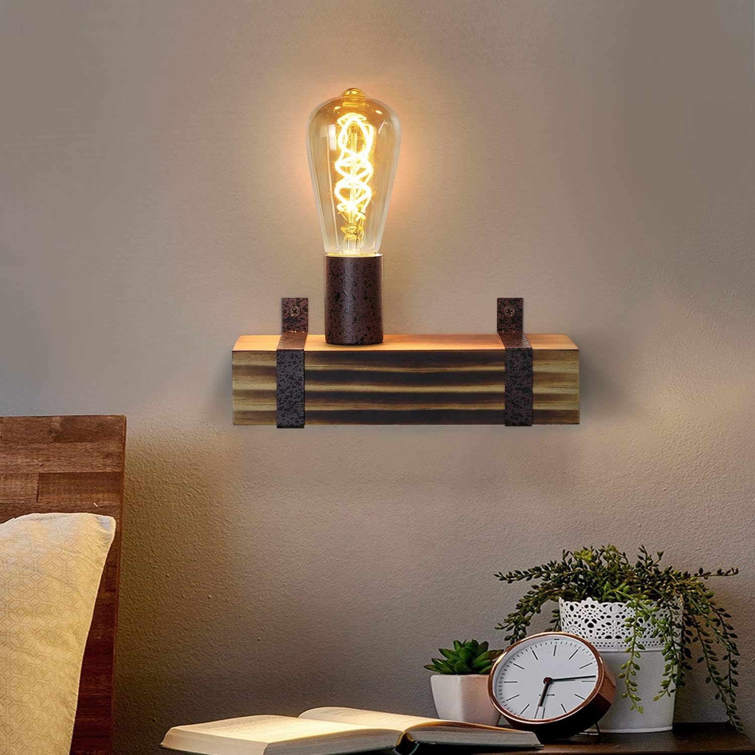 NETTLIFE Vintage - væglampe, E27 Retro, Trævæglampe, 23 CM, Industrielt Design, Vægspotlight med Fod, Maks. 40W, Til Stuen