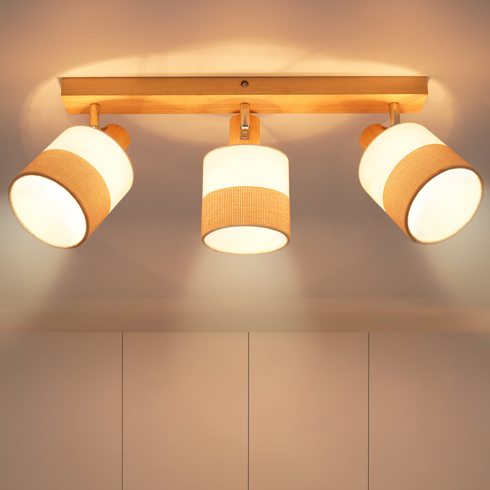 NETTLIFE 3-flammende loftspot i træ - vintage E14 loftslampe med retro stofskærm, 350° justerbar