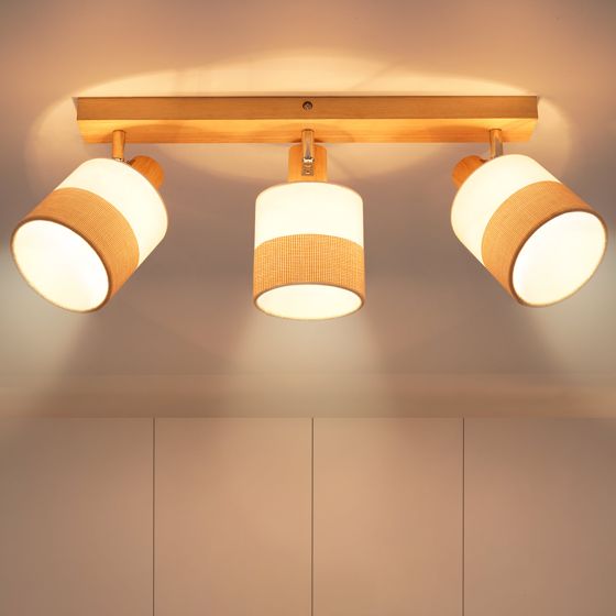NETTLIFE 3-flammende loftspot i træ - vintage E14 loftslampe med retro stofskærm, 350° justerbar