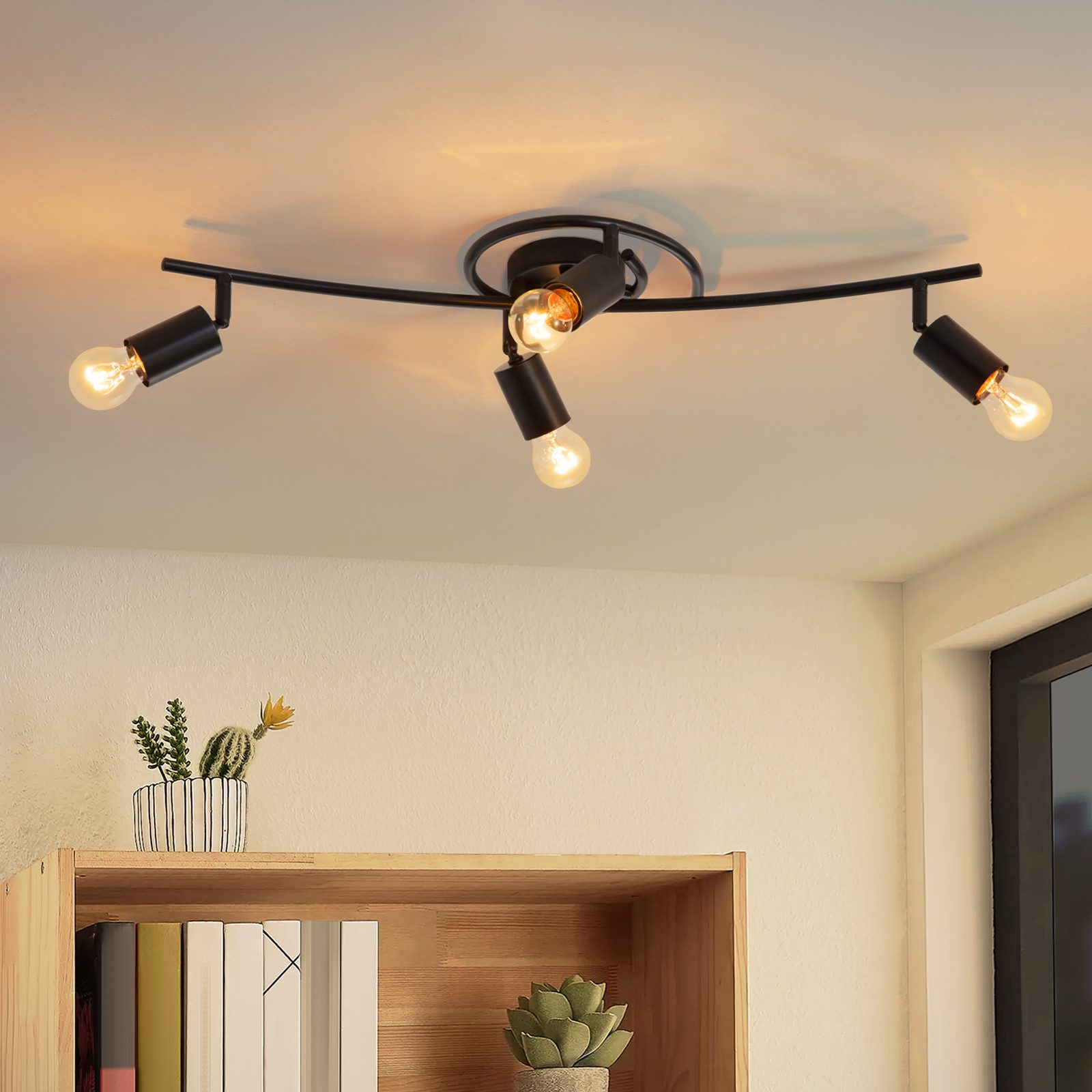NETTLIFE Vintage sort loftspotlight med 4 flammer, E27, 350° drejelig, industriel brug, roterende