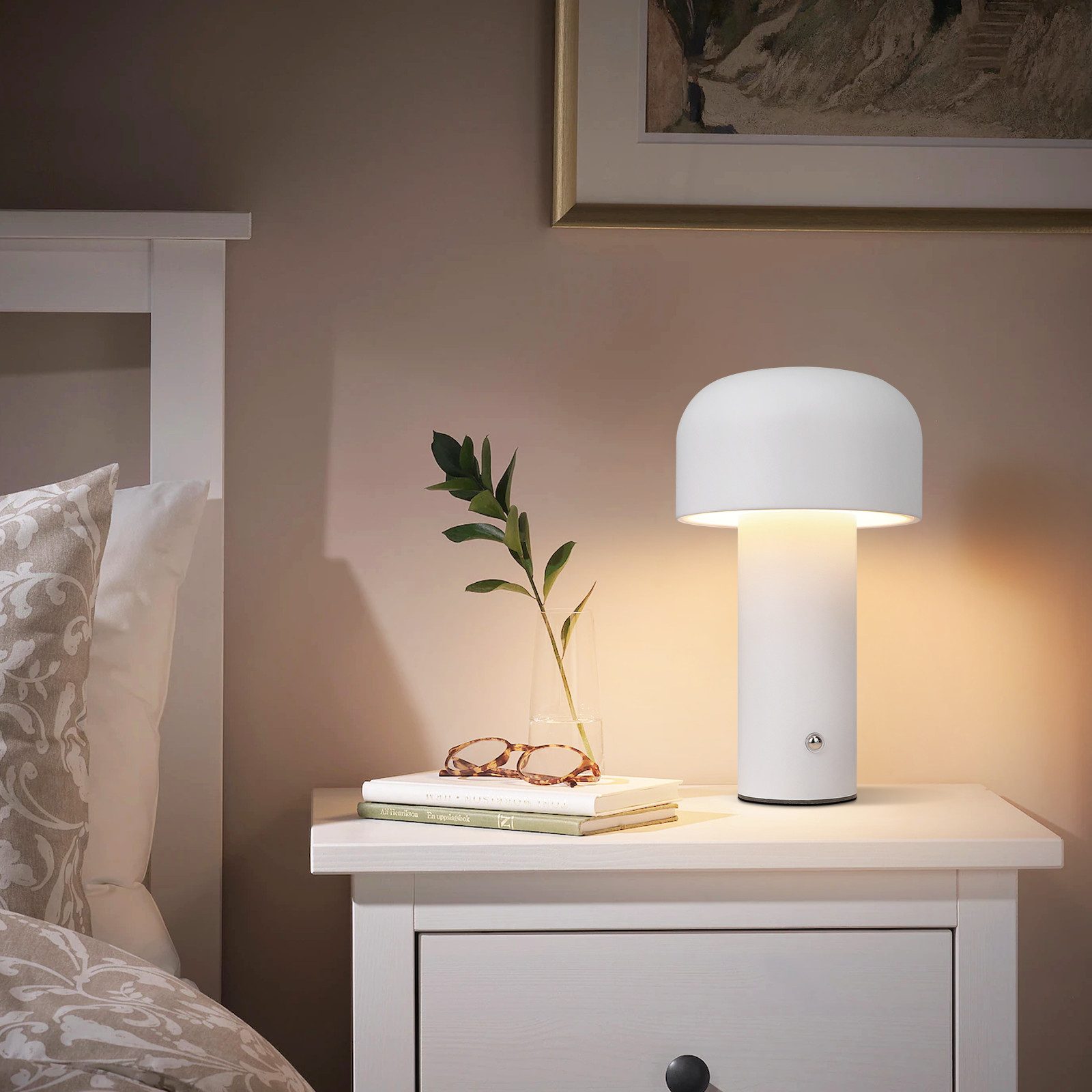 NETTLIFE 2W dæmpbar batteridrevet ledningsfri LED-bordlampe, sengebordslampe til soveværelse, lille svampelampe