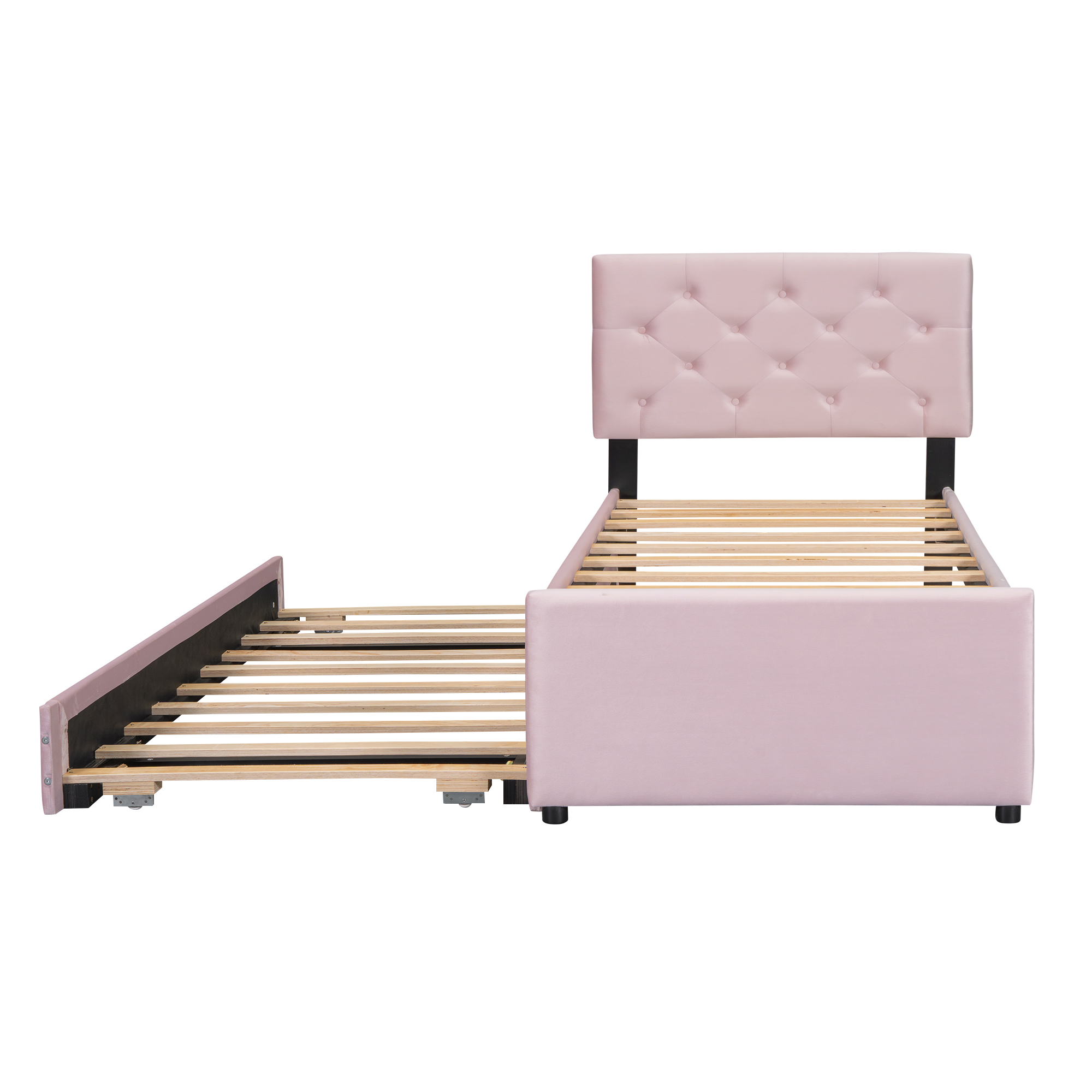 Betrukket seng 90 x 200 cm, pink fløjl + MDF, hjul