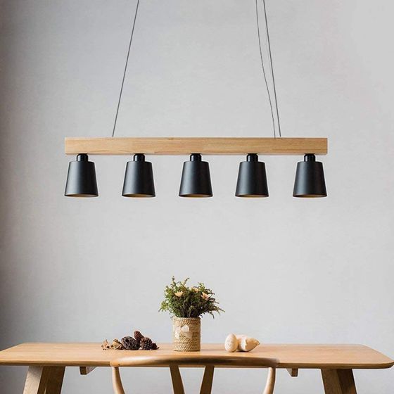 NETTLIFE pendellampe med 5 lyskilder, sort metal og træ, diameter 102 cm, E27-fatninger
