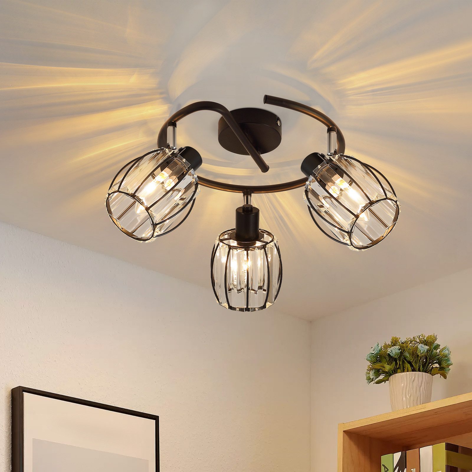 NETTLIFE 3-lyskilders sort krystal loftslampe i vintage-stil, E14, til entré, 350° drejelig, industriel