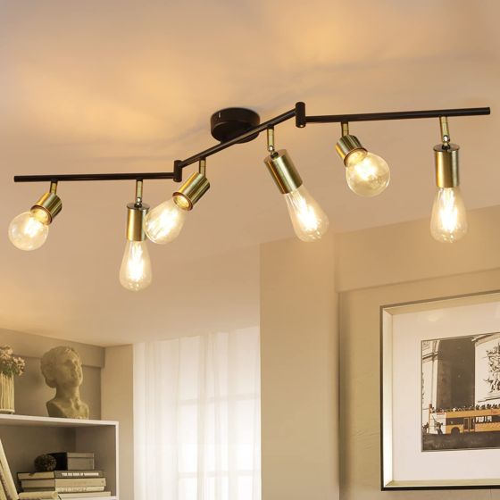 NETTLIFE Loftspotlight med 6 lyskilder, E27 retro vintage, guldmetal, drejelig loftslampe til soveværelse, 25 W (pærer medfølger ikke)