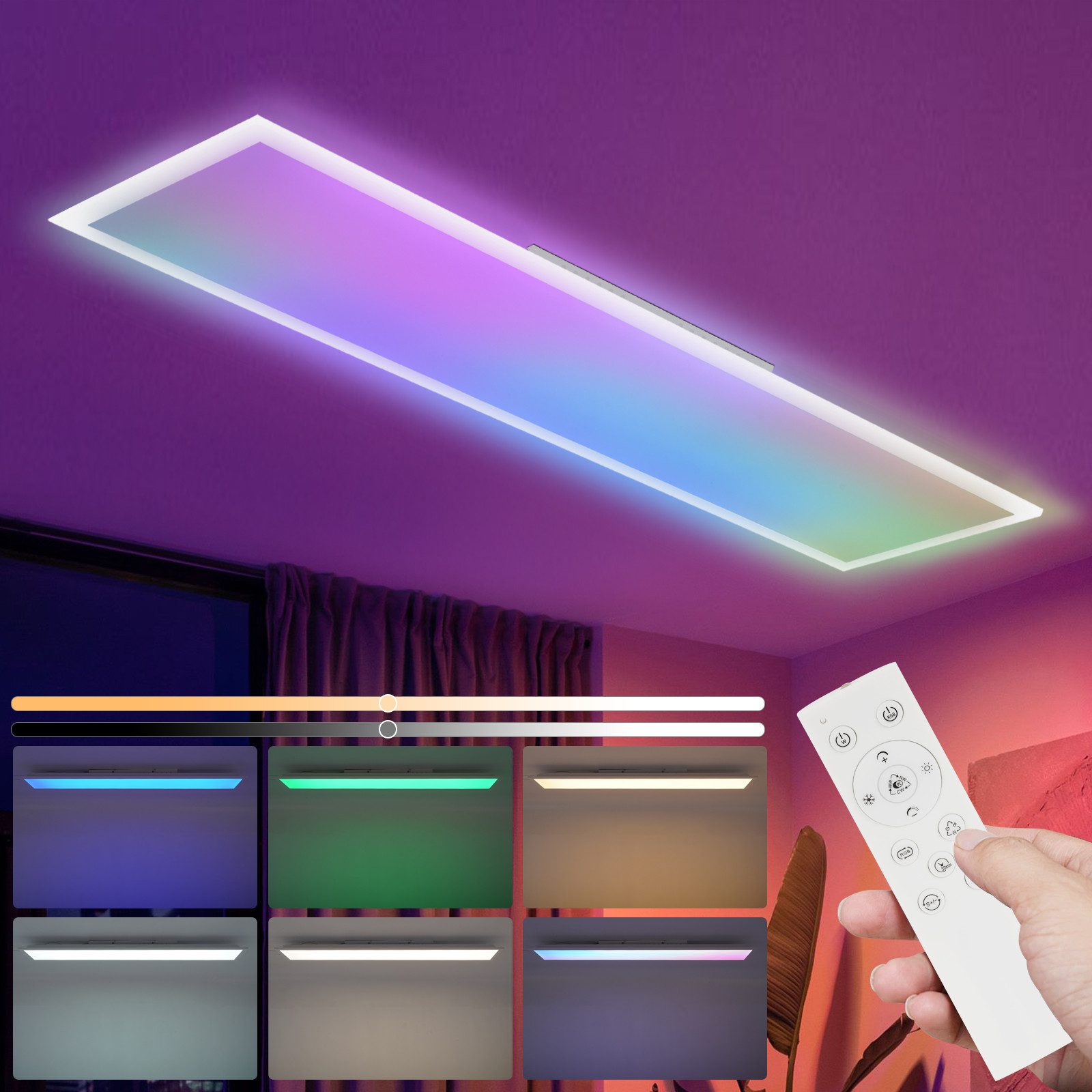 NETTLIFE LED-panel, 100 x 25 cm, dæmpbar, lang, flad farveskiftende, RGB-belysning med fjernbetjening, 24 W