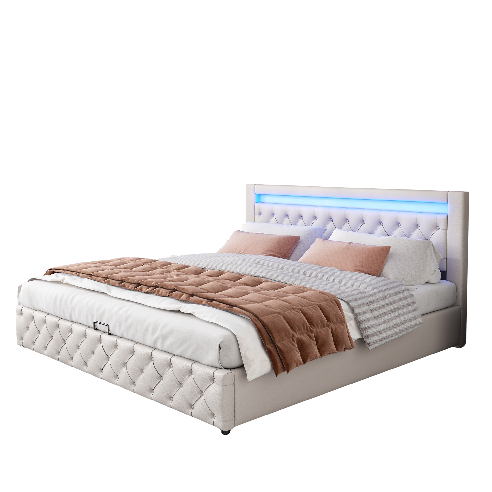 seng 160x200 cm hvid PU med opbevaring og LED-belysning