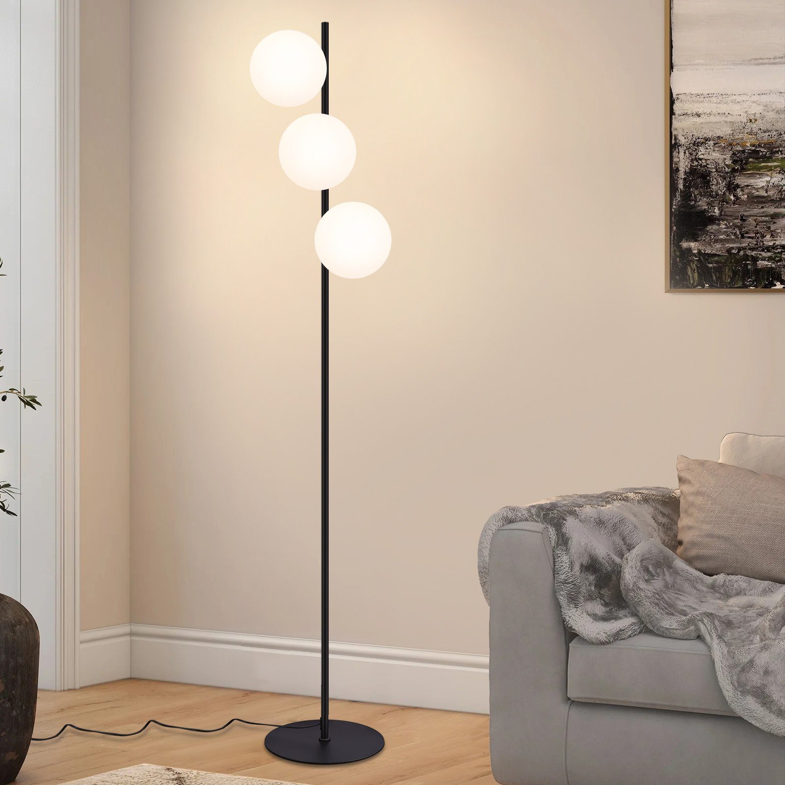NETTLIFE Sort gulvlampe, industriel vintage-lampe i metal med 3 lyskilder, glasskærme og fodkontakt til moderne stue, E27