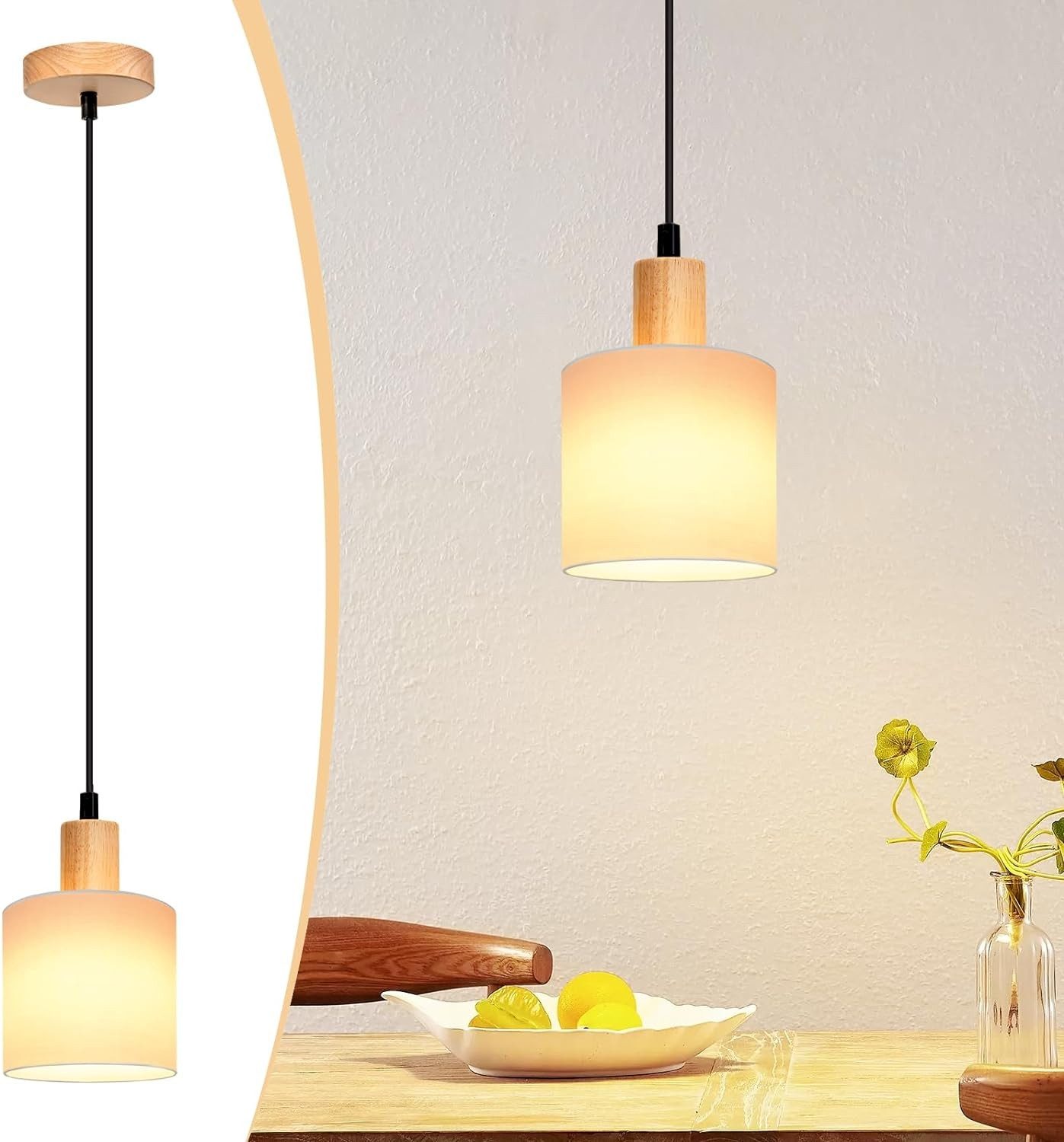 NETTLIFE Hvid, træ, pendellampe, diameter, 173 cm, E14 1 flamme Vintage - rustik stil Køkken, entré Stoflampe