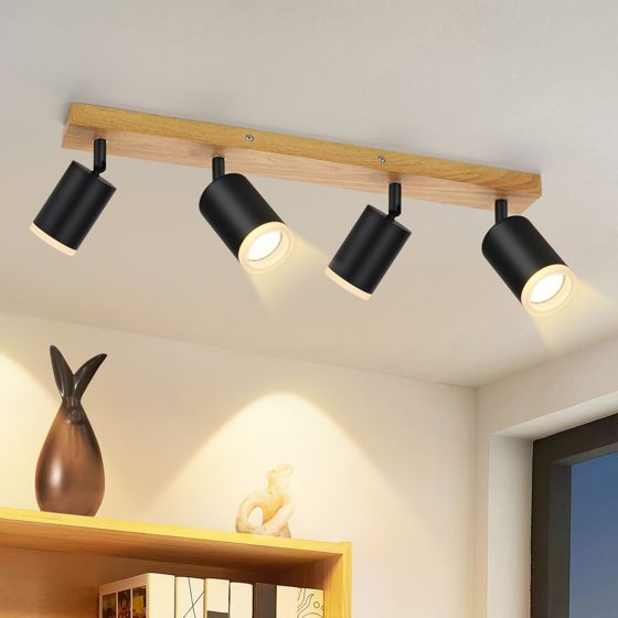 NETTLIFE - loftslampe, loftspotlight, 4 flammer, træloftslampe, GU10, 355° justerbar, sort, vintage stil, industriel